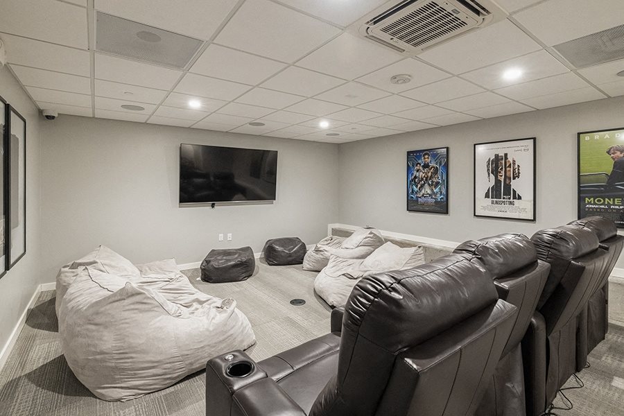 Media room with seating and bing bag chairs